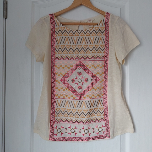 Sundance Embroidered Short Sleeve T Shirt Southwest Pattern Boho Earthy - Picture 1 of 8